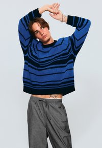 Maglione a righe blu lavorato a maglia con accenti neri, design cropped, scollo rotondo, indossato con pantaloni grigi con coulisse. Tessuto testurizzato.