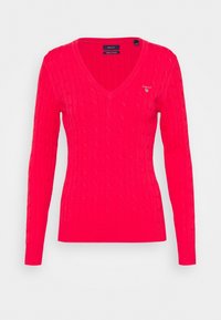 Pull V à col en V rose vif avec un motif en tricot torsadé, manches longues et un ourlet côtelé ajusté. Logo GANT sur la poitrine gauche. Matériau en coton.