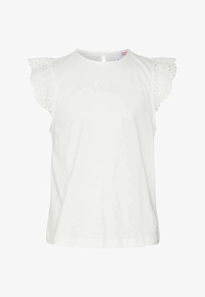 Witte katoenen blouse met korte ruches mouwen en borduurdetails. Ronde halslijn met een knoopsluiting aan de achterkant.