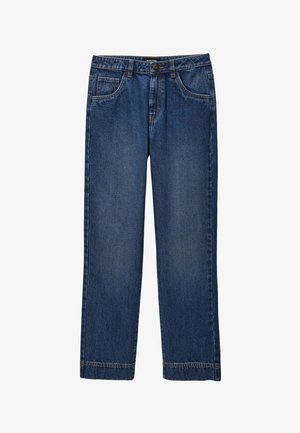 Jeans en denim bleu foncé avec une coupe droite, cinq poches et une fermeture à bouton en métal. Présente des détails de décoloration subtile et de coutures.