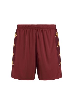 Shorts atletici color bordeaux realizzati in tessuto leggero, con loghi dorati su ciascun lato e una cintura elastica per una vestibilità sicura.