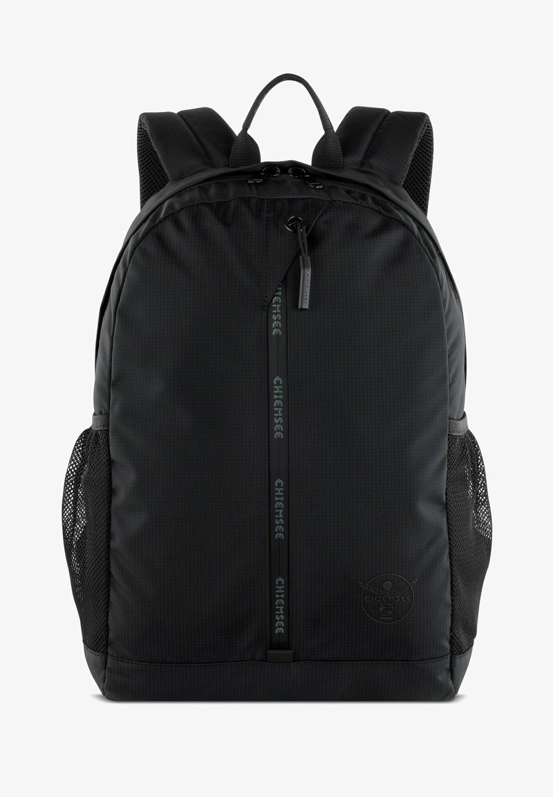 Black backpack made from textured fabric, with padded straps, mesh side pockets, and subtle logo detailing on the front and zipper.