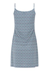 Hellblaues Kleid mit geometrischem Muster in Marineblau und Pink. Es hat dünne Träger und eine lockere Passform, mit gerafften Details an der Brust.