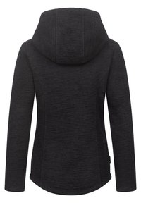 Černá kapucová bunda s texturovanou tkaninou, dlouhými rukávy a zakřiveným lemem. Má vertikální švy a štítek na spodní straně.