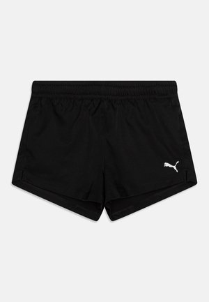 Svarta träningsshorts med elastisk midja, tillverkade av lättviktsmaterial, med en vit Puma-logotyp på vänster sida.