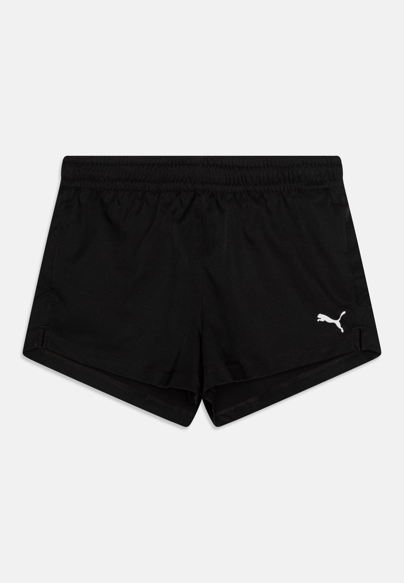 Μαύρες αθλητικές βερμούδες με ελαστική μέση, κατασκευασμένες από ελαφρύ ύφασμα, με λευκό λογότυπο Puma στη αριστερή πλευρά.