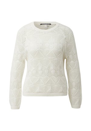 Witte, gebreide trui met lange mouwen, een ronde halslijn en een textuur van ruit- en pijlvormig patroon over de hele stof.