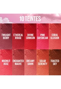 Zehn texturierte Lippenstiftfarben mit den Bezeichnungen: Twilight Berry, Ethereal Rouge, Divine Crimson, Pink Daydream, Coral Illusion, Moonlit Rose, Enchanted Mauve, Dreamy Dawn, Solar Serenity, Toasted Sky.