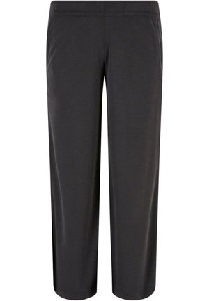 Graue, dehnbare Hosen mit glatter Textur, elastischem Bund und cropped Länge. Schlichtes Design ohne sichtbare Hardware oder Akzente.