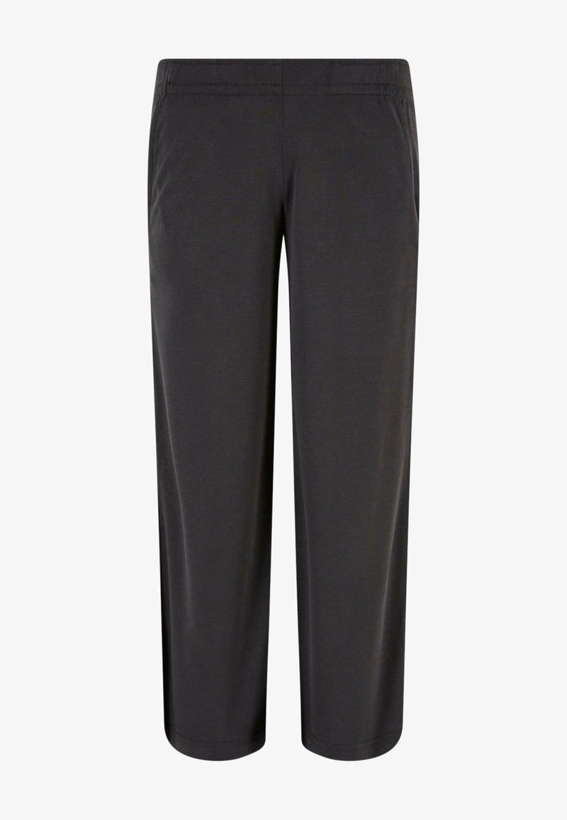 Grijze, rekbare broek met een gladde textuur, elastische tailleband en cropped lengte. Eenvoudig ontwerp zonder zichtbare hardware of accenten.