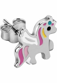 Orecchino a bottone di unicorno grigio in argento con dettagli in rosa e giallo, incluse ali e un corno blu. Realizzato in metallo.