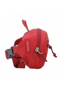 Rode nylon heuptas met een verstelbare riem, voorzien van een ritsopening, reflecterende details en een klein etiket met de tekst "Junior Belt."