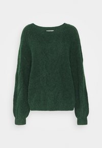 Pull verde scuro in maglia morbida con maniche lunghe a sbuffo e scollatura rotonda, esposto su uno sfondo bianco uniforme.