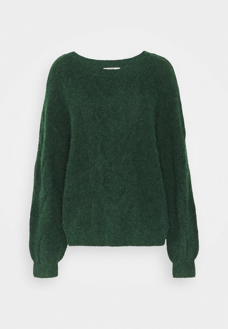 Pull verde scuro in maglia morbida con maniche lunghe a sbuffo e scollatura rotonda, esposto su uno sfondo bianco uniforme.