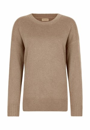 Beige stickad tröja med rund halsringning, långa ärmar och ribbad nederkant och mudd. Mjuk textur med en avslappnad passform.