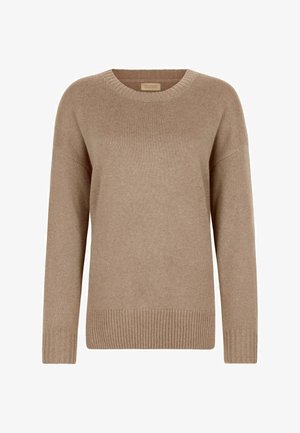 Beżowy sweter dzianinowy z okrągłym dekoltem, długimi rękawami oraz ściągaczem u dołu i na mankietach. Miękka tekstura i luźny krój.