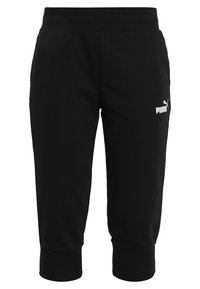 Sudadera corta negra de Puma, con cintura y puños elásticos, que presenta un pequeño logo blanco de Puma en el muslo izquierdo superior.