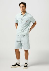  Lichtblauw kortemouwshirt met verticale strepen, twee voorkuilen en knoopsluiting, gecombineerd met bijpassende shorts. Zwarte sneakers met een witte zool.