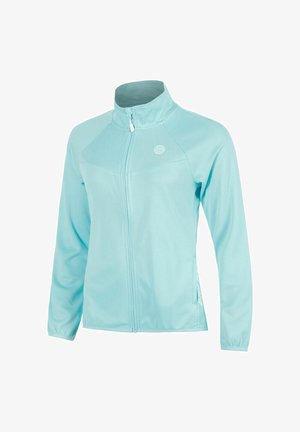 Giacca azzurro chiaro a maniche lunghe con zip, collo alla coreana, polsini elasticizzati e piccolo logo rotondo sul petto a sinistra.