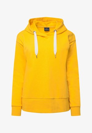 Felpa gialla realizzata in tessuto morbido, con tasca frontale a marsupio, cordini bianchi e polsini e orlo a coste per una vestibilità aderente.