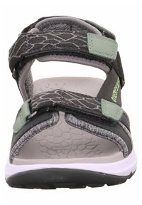 Black and gray sandal featuring a textured upper, adjustable straps, and a cushioned sole. Green accent on strap and patterned detailing.
