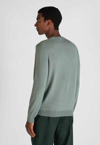 Hellgrüner Langarmpullover mit Rundhalsausschnitt, gerippten Bündchen und Saum. Glatte Textur und schlichtes Design, ohne sichtbare Muster oder Logos.