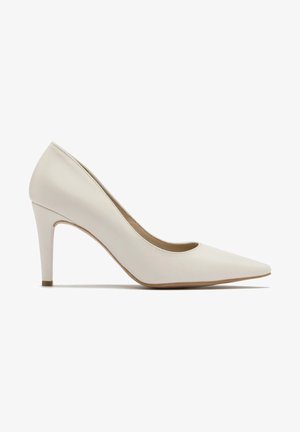 Białe skórzane szpilki z wąskim noskiem i 3-calową obcasem typu stiletto. Gładka faktura z minimalnymi szwami i naturalnym wykończeniem wnętrza.