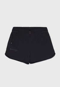 Schwarze Sportshorts mit elastischem Bund, Kordelzug, zwei seitlichen Taschen und einem strukturierten Einsatz. Mit einem Logo in der unteren linken Ecke.