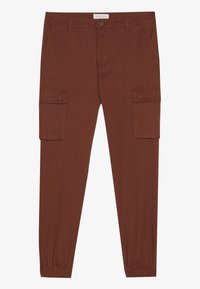 Pantaloni cargo marroni con elastici alle caviglie, due tasche cargo laterali, tessuto morbido e una vestibilità aderente. Etichetta visibile in vita.