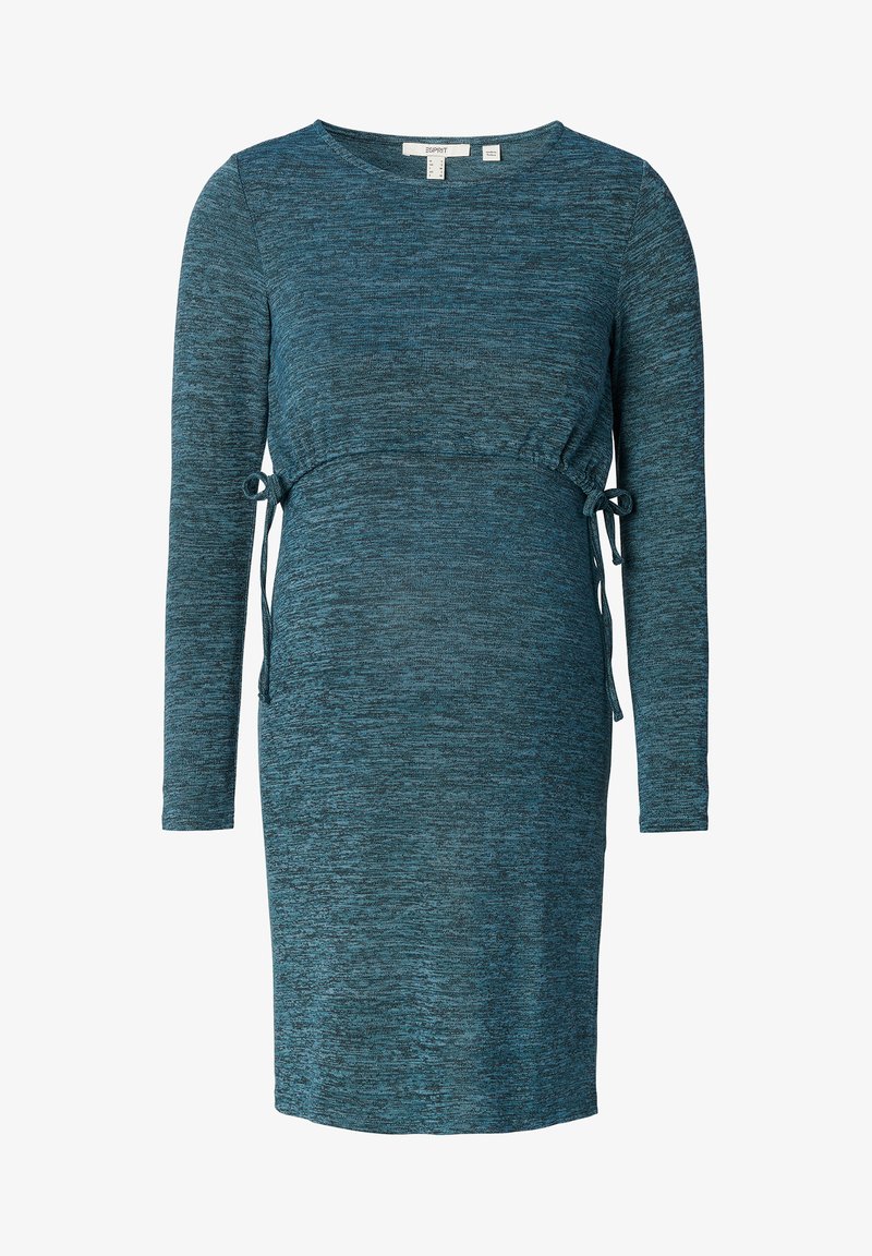 Vestido longo de manga longa em verde-água com decote arredondado, cintura franzida com cordões e um tecido de malha texturizada. Acabamento suave e forma ajustada.