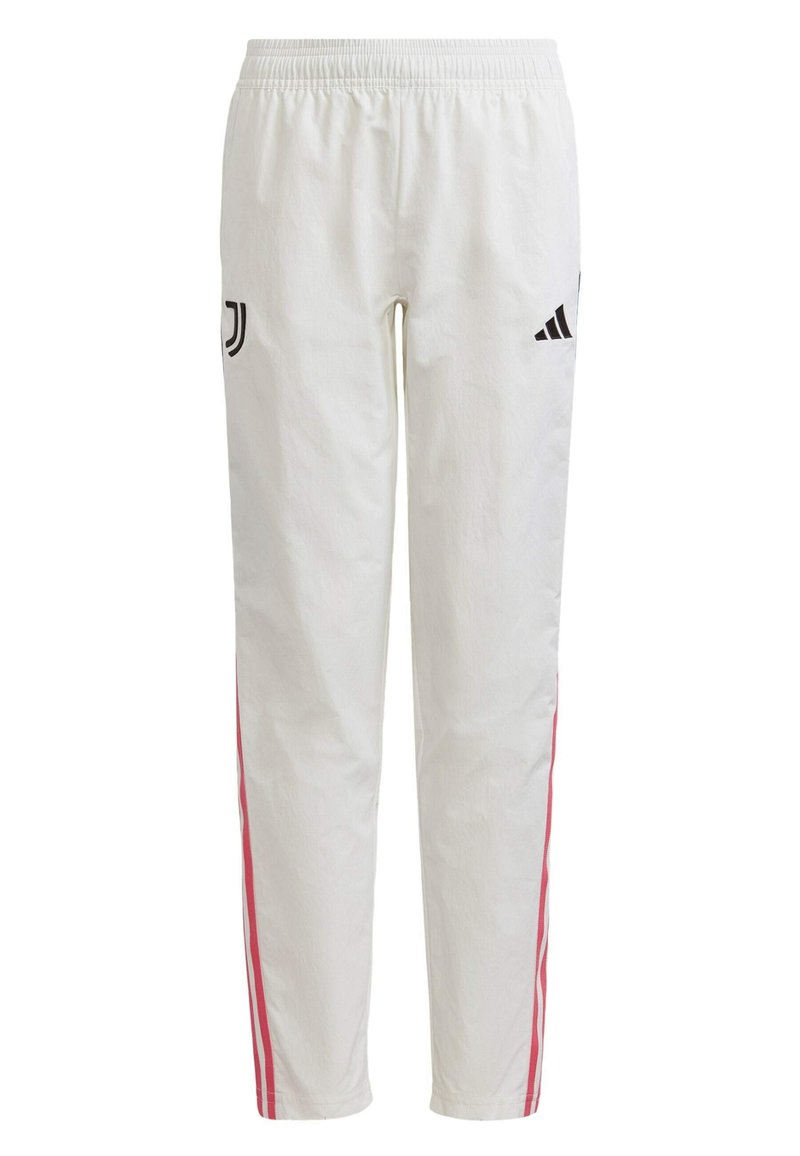 Witte joggingshorts met een elastische tailleband, voorzien van zwarte logo's en roze zijsstripes. Gemaakt van lichte, gestructureerde stof.
