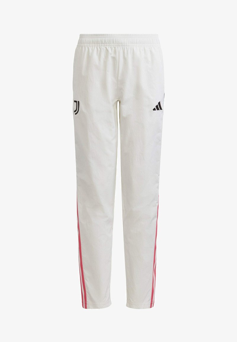 Witte joggingshorts met een elastische tailleband, voorzien van zwarte logo's en roze zijsstripes. Gemaakt van lichte, gestructureerde stof.