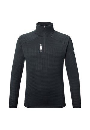 Black textured long-sleeve pullover with a quarter zip and high collar, featuring white "MILLET" logos on chest and left sleeve.
