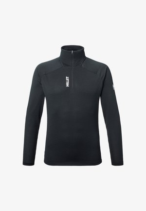 Black textured long-sleeve pullover with a quarter zip and high collar, featuring white "MILLET" logos on chest and left sleeve.