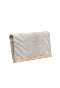 Lysegrå tekstureret clutchtaske med guldfarvet metalbesætning og "JOOP!"-logo på den nederste kant, vist mod hvid baggrund.