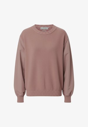 Maglione rosa con corpo a maglia strutturata e maniche lisce ed elastiche. Polsini e orlo a coste. Design semplice e casual senza motivi aggiuntivi.