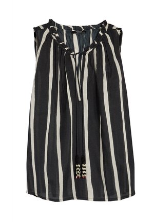 Bezramionkowa bluzka w paski w ciemnoszarym i jasnoszarym kolorze. Posiada okrągły dekolt z wiązaniem i dekoracyjnymi, koralikowymi frędzlami.