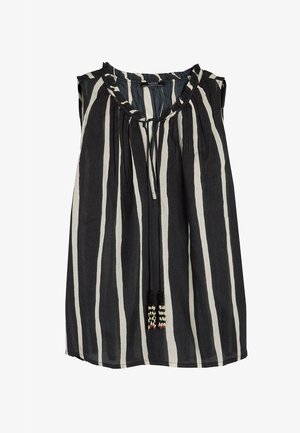 Bezramionkowa bluzka w paski w ciemnoszarym i jasnoszarym kolorze. Posiada okrągły dekolt z wiązaniem i dekoracyjnymi, koralikowymi frędzlami.