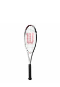 Wilson tennis racket featuring a white frame, black accents, a textured black grip, and prominent red logo on the string bed.