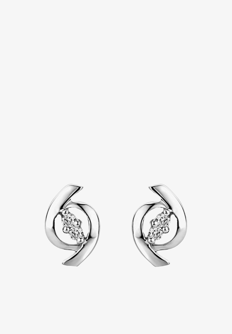 Silver-tone earrings featuring a swirling design, with a row of clear, round crystals set in the center. Smooth texture, modern shape.