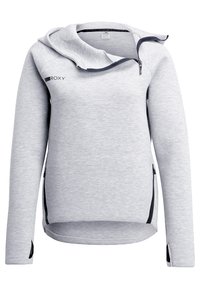Sweat à capuche gris clair avec col haut, encolure zippée et poches latérales, avec des accents noirs et une coupe moderne.