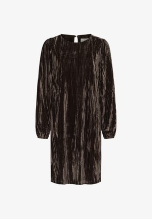 Dunkelbraunes Samtkleid mit rundem Halsausschnitt, langen Ärmeln und einem Schlüssellochverschluss auf der Rückseite. Verfügt über ein strukturiertes, gestreiftes Muster überall.