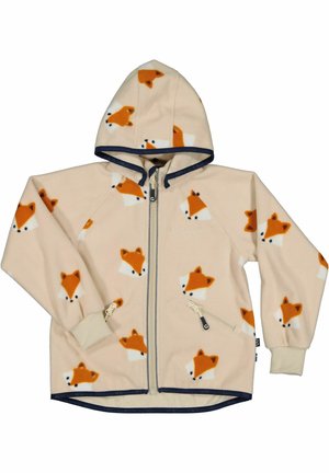 Fleece-hættetrøje i beige med orange rævemønster, med lynlås foran, to sidelommer og en hætte med navy kant.