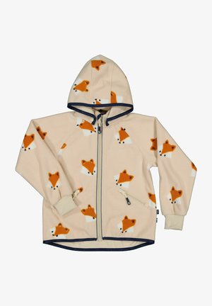 Fleece-hættetrøje i beige med orange rævemønster, med lynlås foran, to sidelommer og en hætte med navy kant.