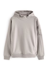 Lys grå hoodie lavet af blødt stof, med en stor hætte, en lynlåslomme på ærmet og ribbede manchetter og nederkant.