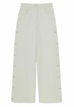 Wijde broek in lichtbeige katoen, met zijknopen, een voorke pocket en een rechte snit. Gladde textuur met hoge taille.