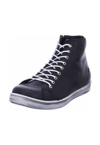 Black high-top sneaker made of leather, featuring white laces, rounded toe, and a textured rubber sole with horizontal stripes.