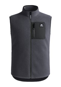 Fleece-Weste in Dunkelgrau mit hohem Kragen, Frontreißverschluss und einer kontrastierenden schwarzen Brusttasche mit Logo und Reißverschluss.