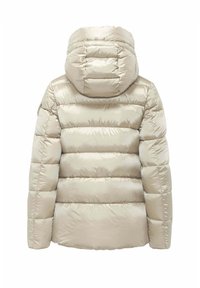 Puffige beige Jacke mit Kapuze, ausgestattet mit horizontalem Steppdesign, glänzender Textur und elastischen Bündchen. Keine sichtbaren Beschläge oder Akzente.