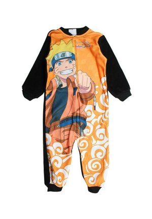 Tutina arancione e nera con stampa di un personaggio di Naruto, con maniche lunghe e motivi a spirale bianchi sul tessuto arancione. Chiusura frontale con zip.
